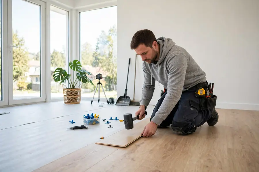 Professional installer laying vinyl plank flooring in a bright room