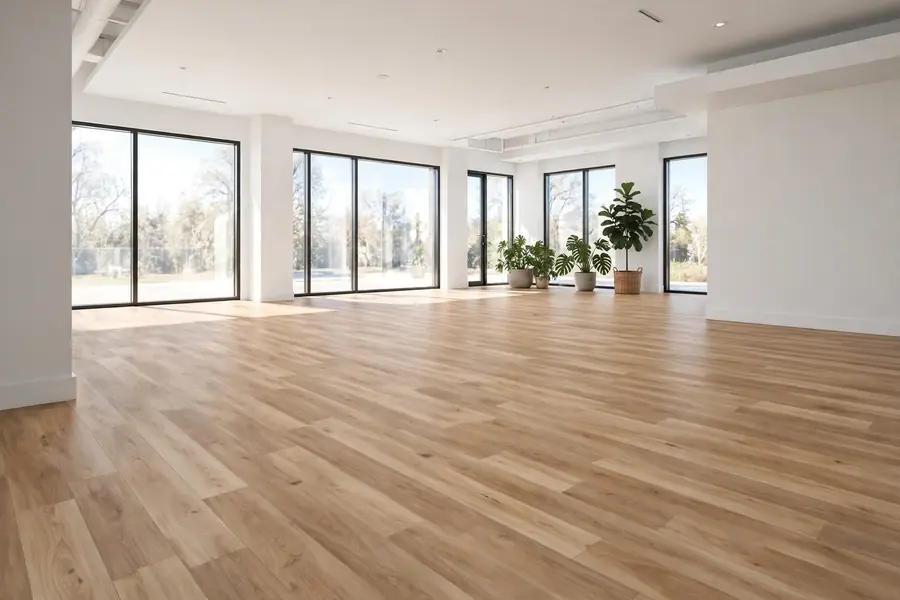 Large room fully covered in vinyl plank flooring