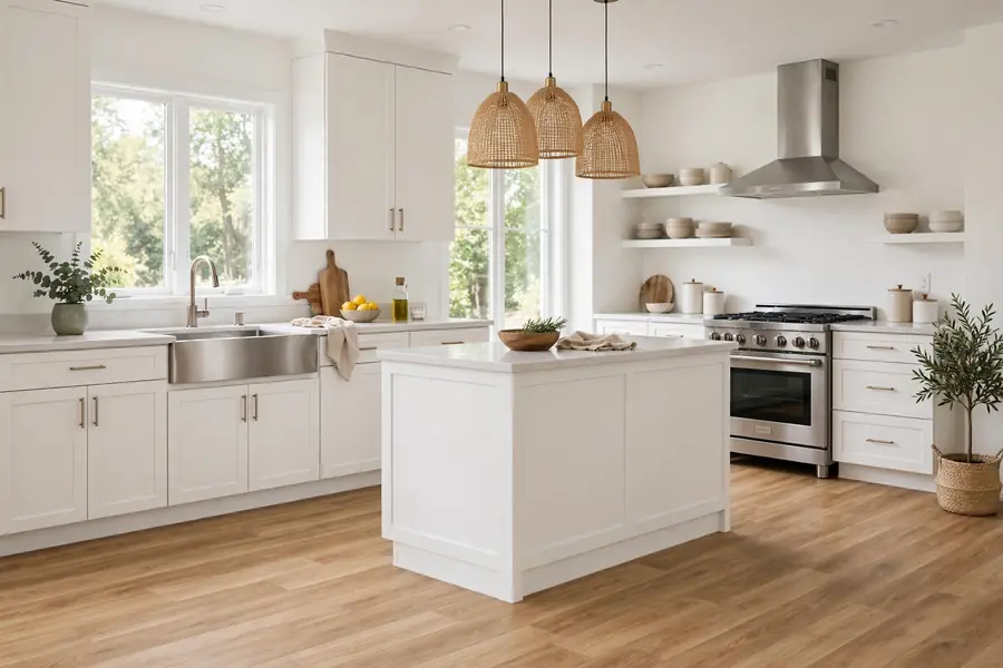 Bright kitchen with wood-look vinyl plank flooring