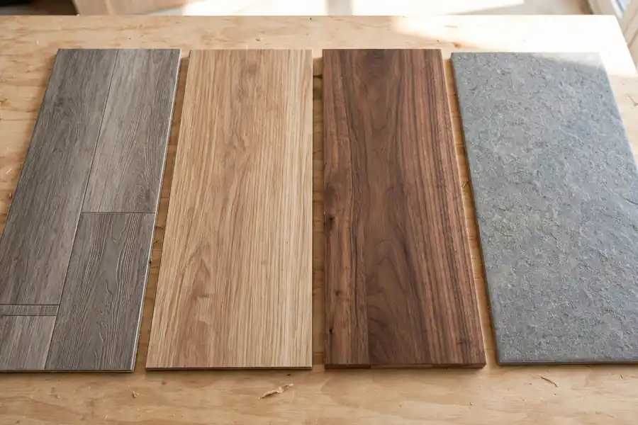 Flooring samples side by side: vinyl plank, laminate, wood, and tile