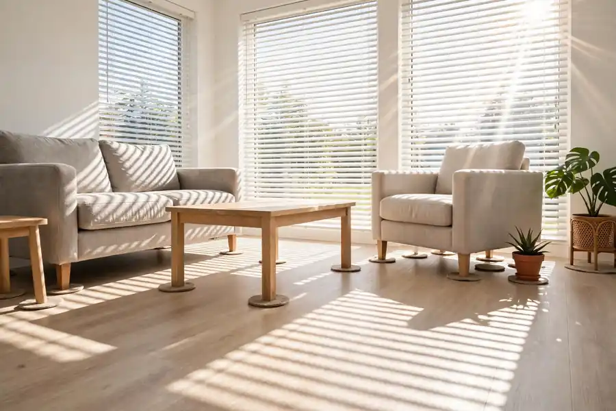 Sunny room with vinyl flooring, window blinds, and furniture on pads