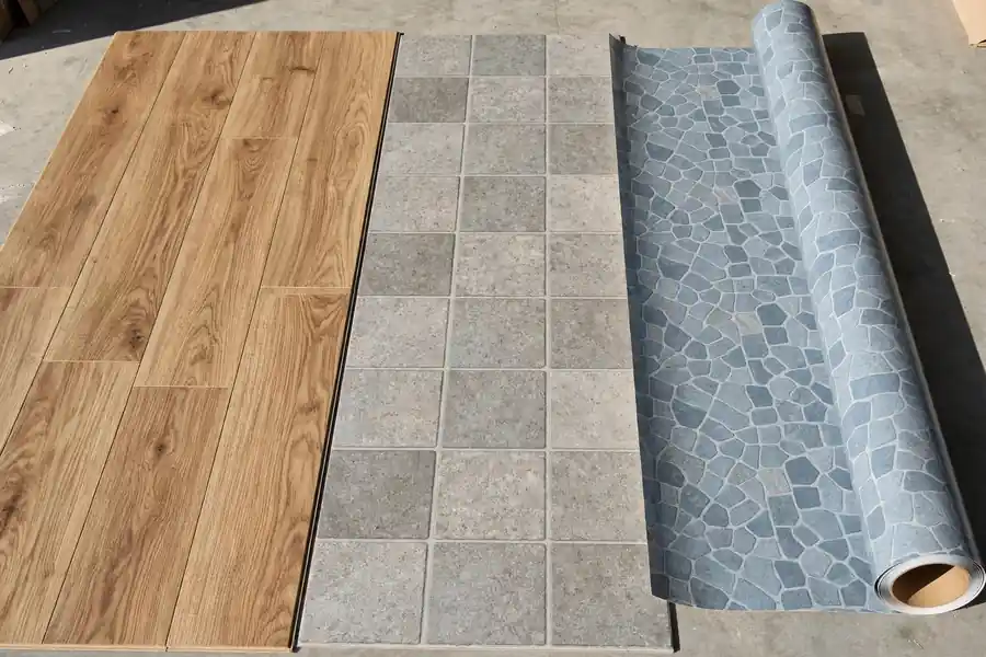 Different vinyl flooring types: planks, tiles, and a sheet roll