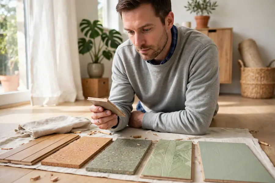 Homeowner inspecting flooring samples for a greener floor choice