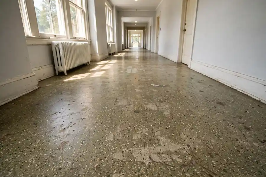 Long-lived linoleum floor in a bright hallway
