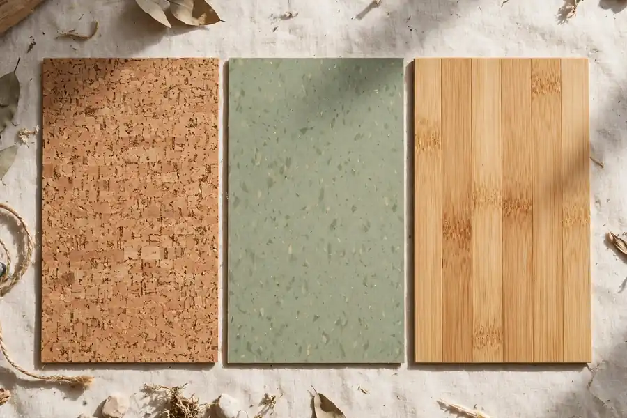 Eco-friendly flooring samples: cork, linoleum, and bamboo
