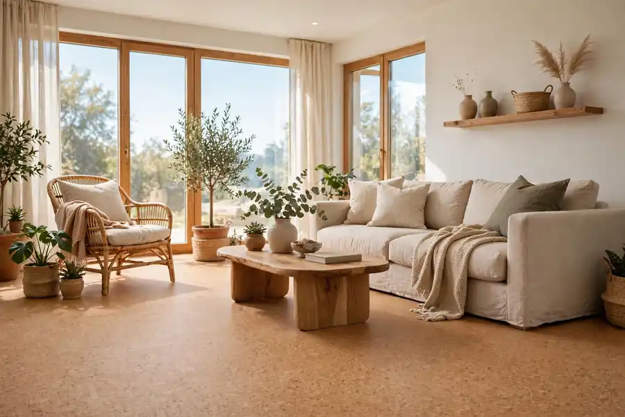 Bright room with soft, warm cork flooring