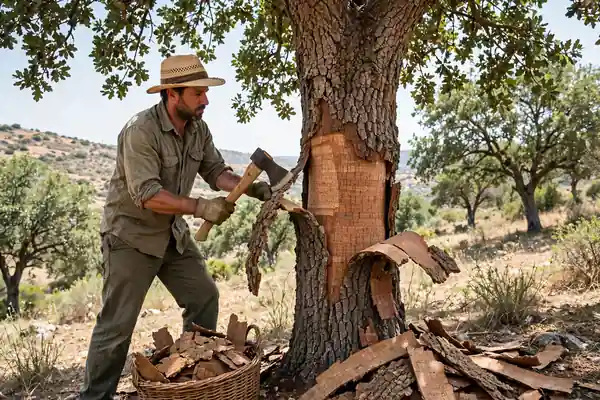 Cork oak tree with bark being harvested by hand