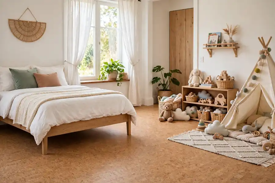 Bright bedroom with cork flooring