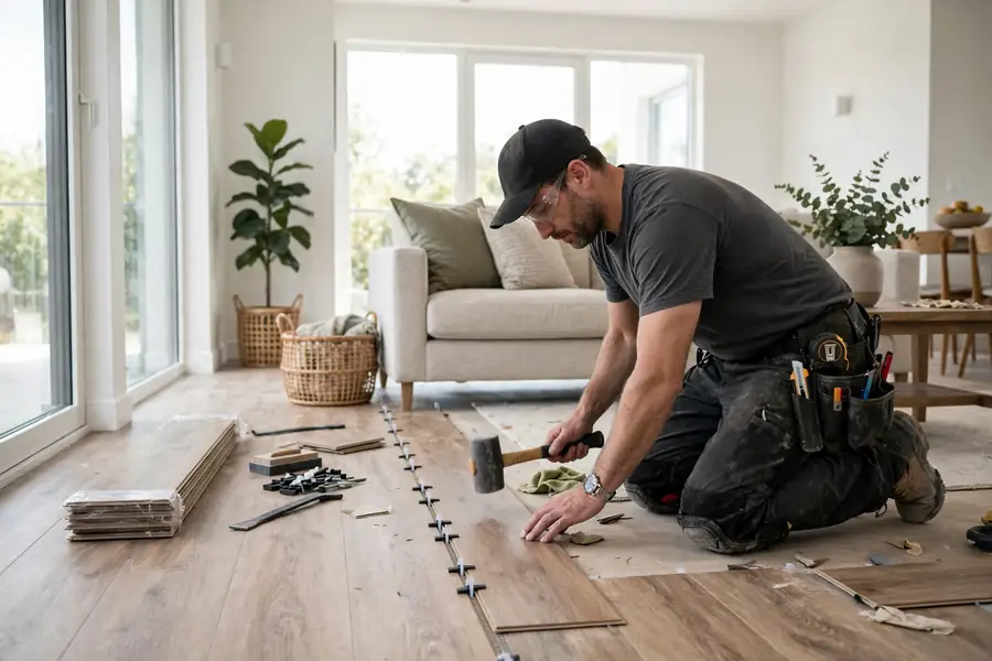 Professional installer laying wood-look flooring in a bright living room