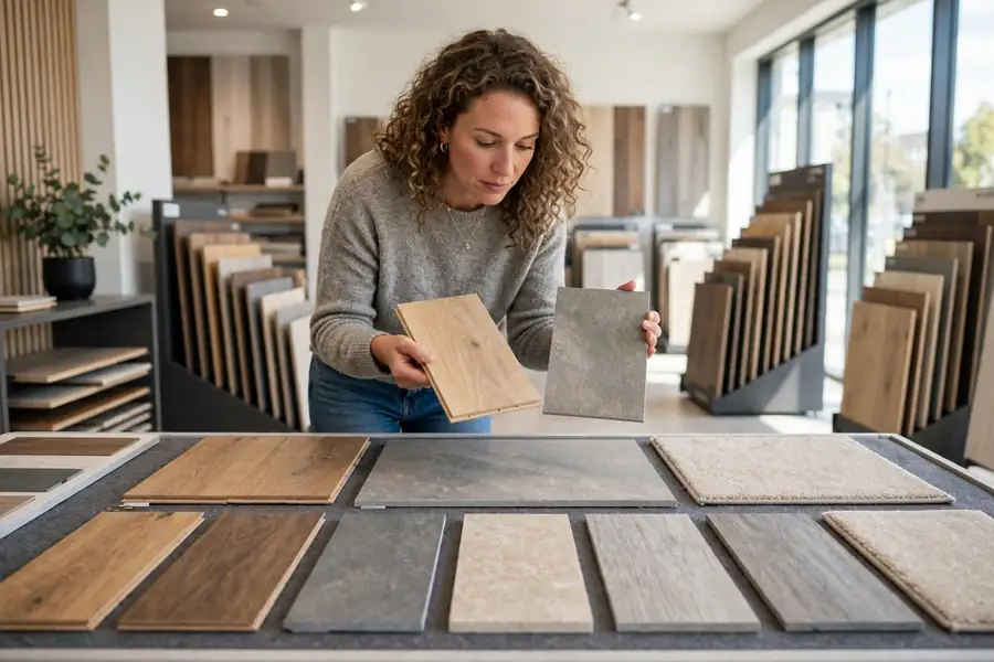 Homeowner comparing flooring samples in a showroom