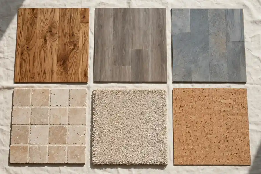 Flooring samples laid out: hardwood, laminate, vinyl, tile, carpet, and cork