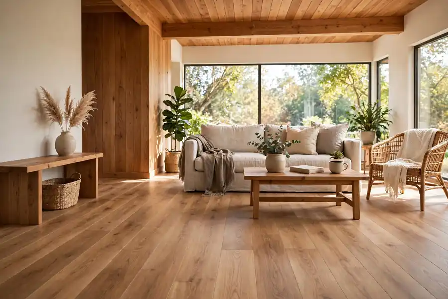 Bright room with warm wood tones, wide planks, and matte finish flooring