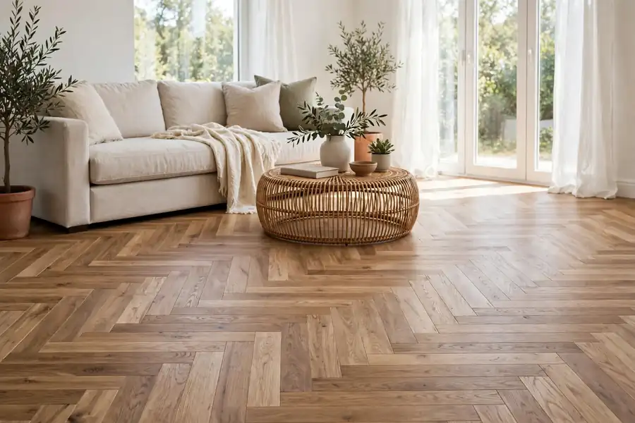 Herringbone wood plank flooring in a bright room