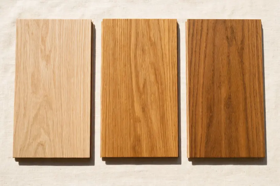 Warm wood flooring samples in light oak, honey, and caramel tones