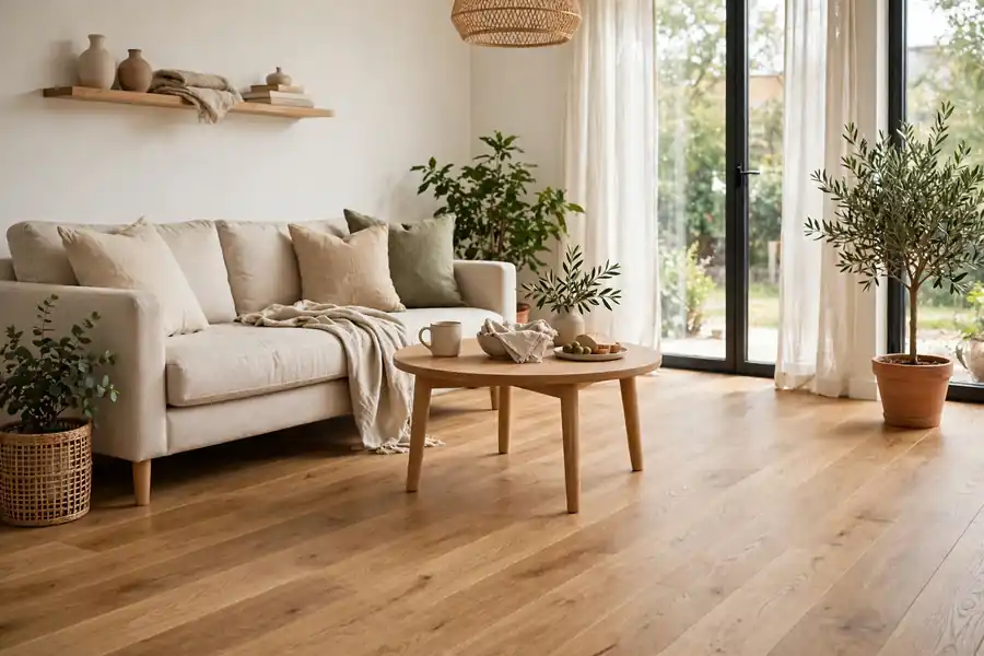 Bright room with warm, matte, natural oak flooring