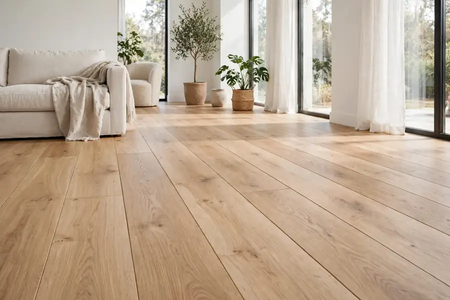 Wide plank wood flooring in a bright room