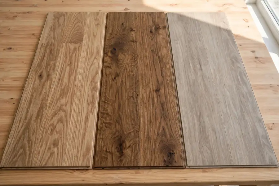 Flooring samples side by side: engineered hardwood, solid wood, and laminate