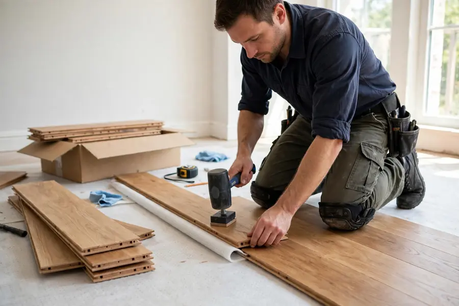 Worker installing engineered hardwood planks over underlayment