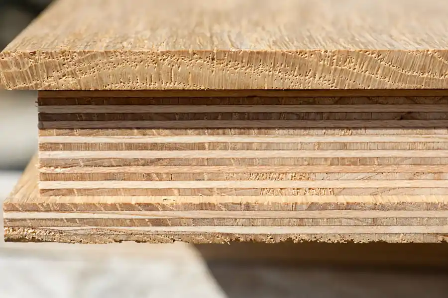 Close-up of the edge of an engineered hardwood plank showing its veneer and layered core