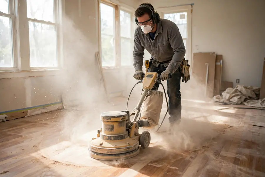 Worker sanding a hardwood floor with a floor sander
