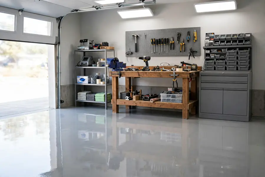 Clean garage workshop with a glossy epoxy floor