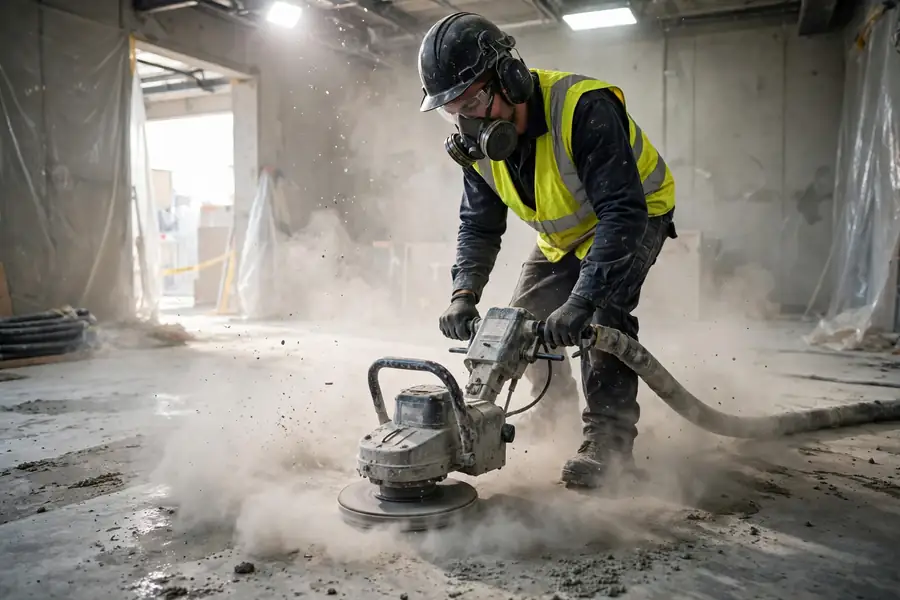 Worker grinding a concrete floor in preparation for an epoxy coating