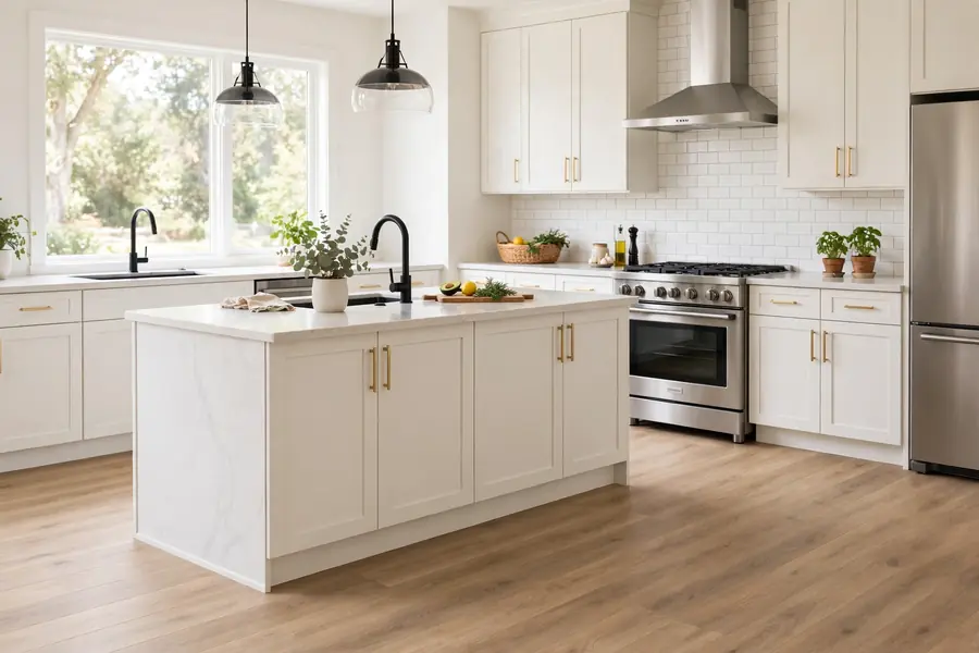 Bright kitchen with water-resistant hybrid vinyl plank flooring