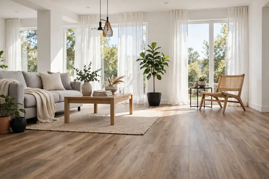 Bright modern room with rigid core hybrid vinyl plank flooring