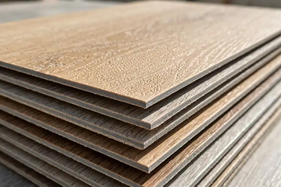 Vinyl plank flooring samples stacked, showing wear layer surface texture