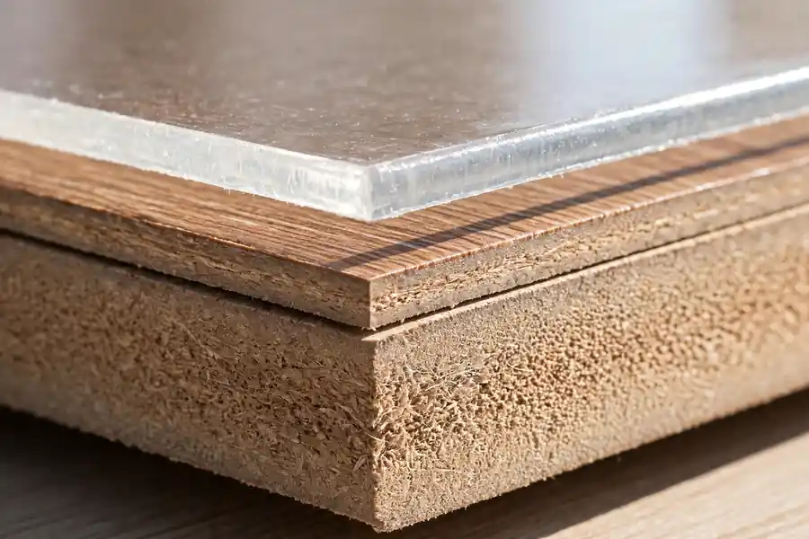 Close-up of the edge of a laminate plank showing its layers