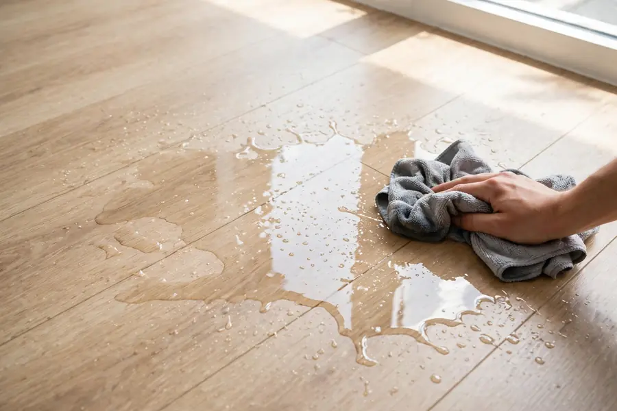 Spill on a laminate floor being wiped up with a cloth