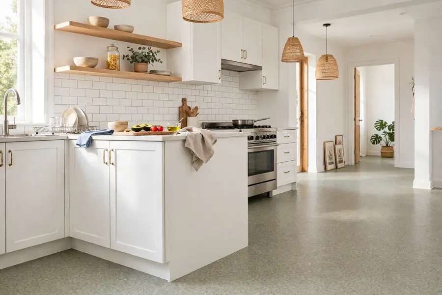 Bright kitchen with linoleum flooring