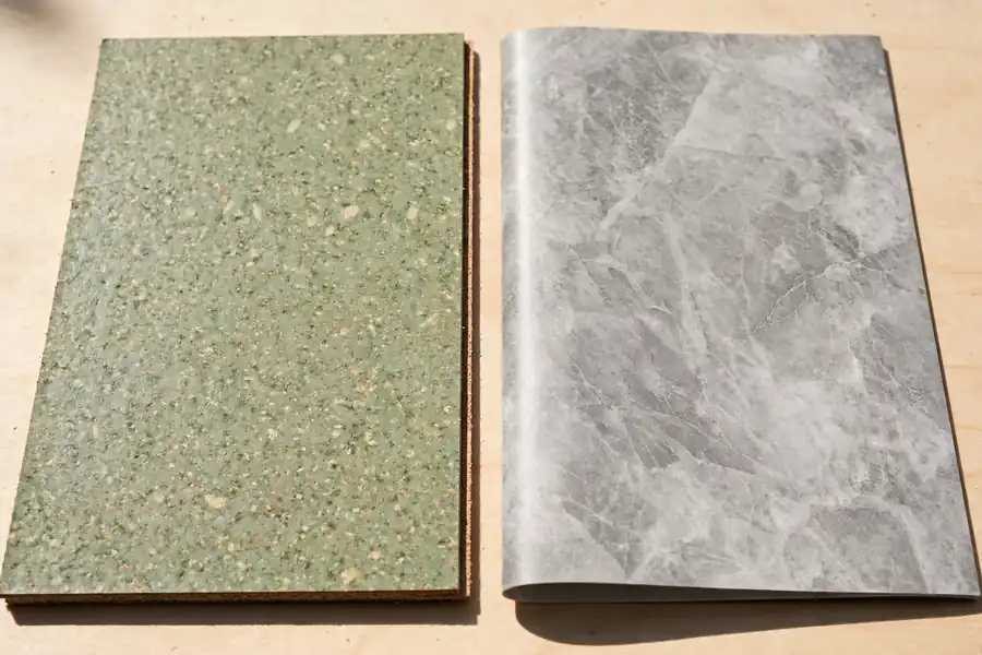 Linoleum and sheet vinyl flooring samples side by side