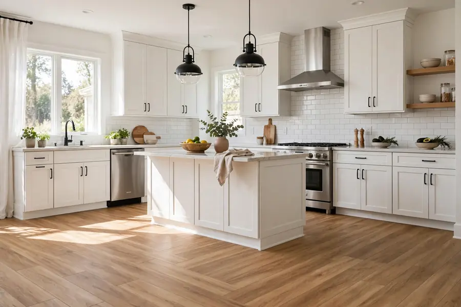 Bright kitchen with luxury vinyl plank flooring