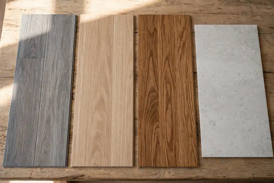 Flooring samples side by side: luxury vinyl, laminate, hardwood, and tile