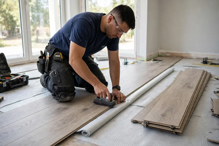 Worker installing click-lock luxury vinyl planks over underlayment