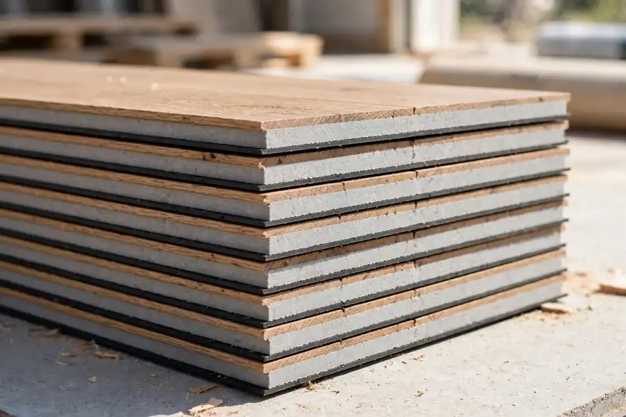 Luxury vinyl planks stacked, showing their thick rigid cores