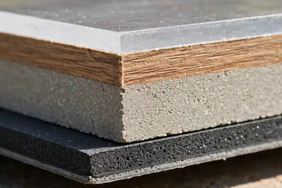 Close-up of the edge of a luxury vinyl plank showing its layered construction