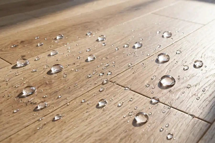 Water droplets sitting on a luxury vinyl plank floor surface