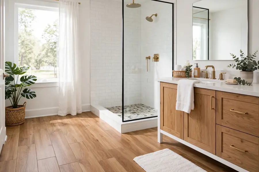 Bright bathroom with luxury vinyl tile flooring