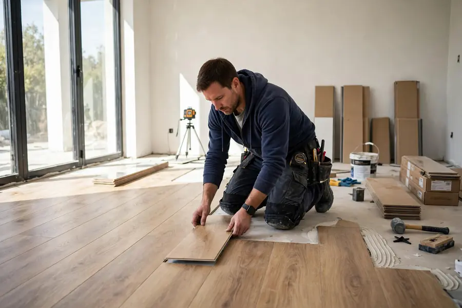 Worker laying luxury vinyl tiles in a room
