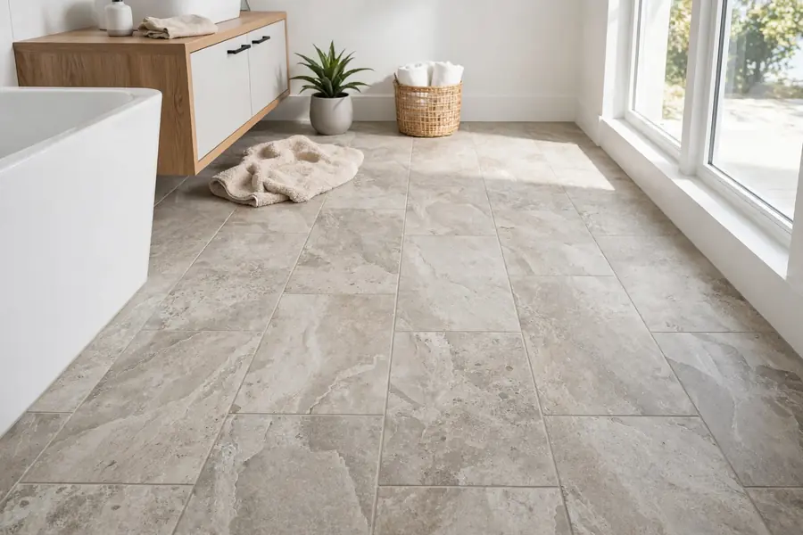 Grouted luxury vinyl tiles with a stone look in a bathroom