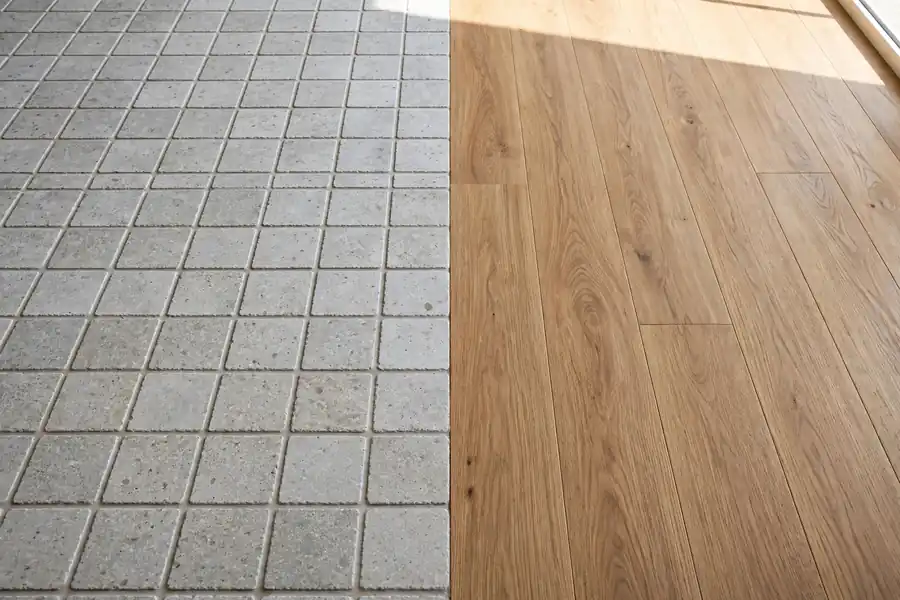 Luxury vinyl tiles laid in a tile pattern next to long vinyl planks