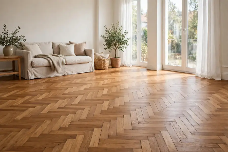 Classic, timeless herringbone parquet floor in a bright room
