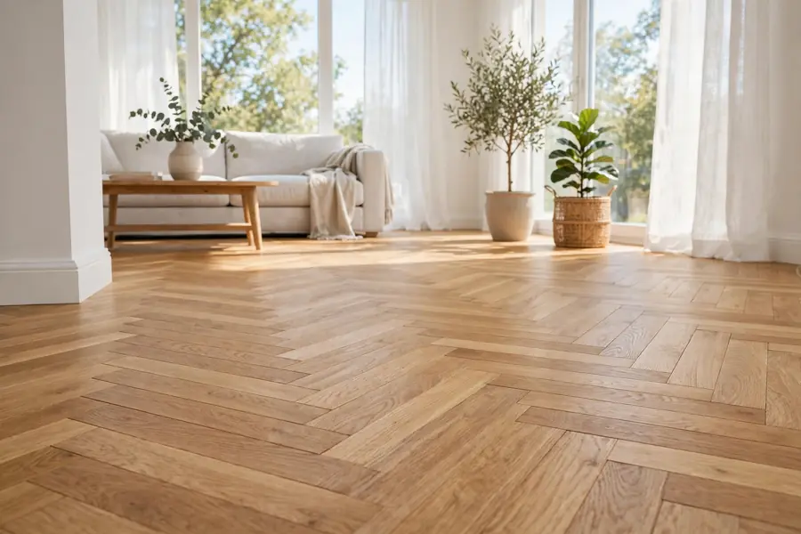 European oak herringbone parquet flooring in a bright room