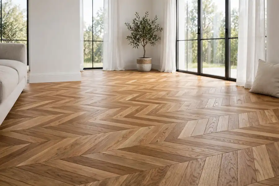 Chevron parquet wood flooring in a bright room