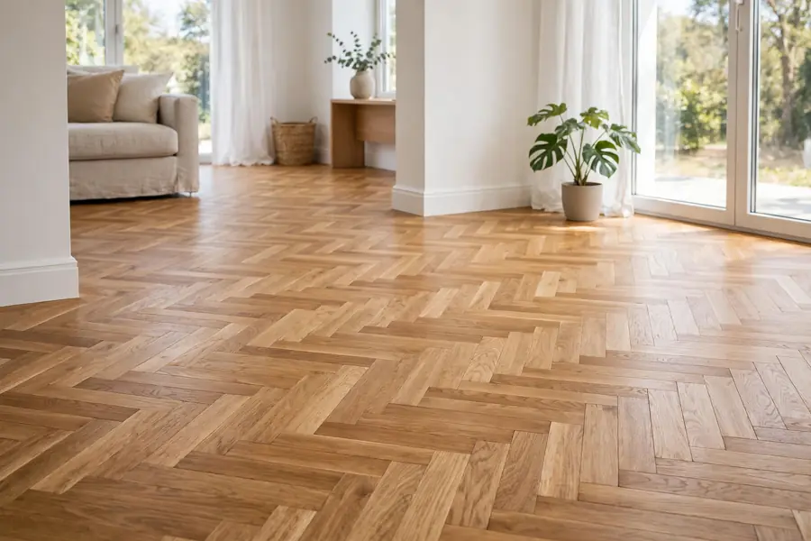 Herringbone parquet wood flooring in a bright room