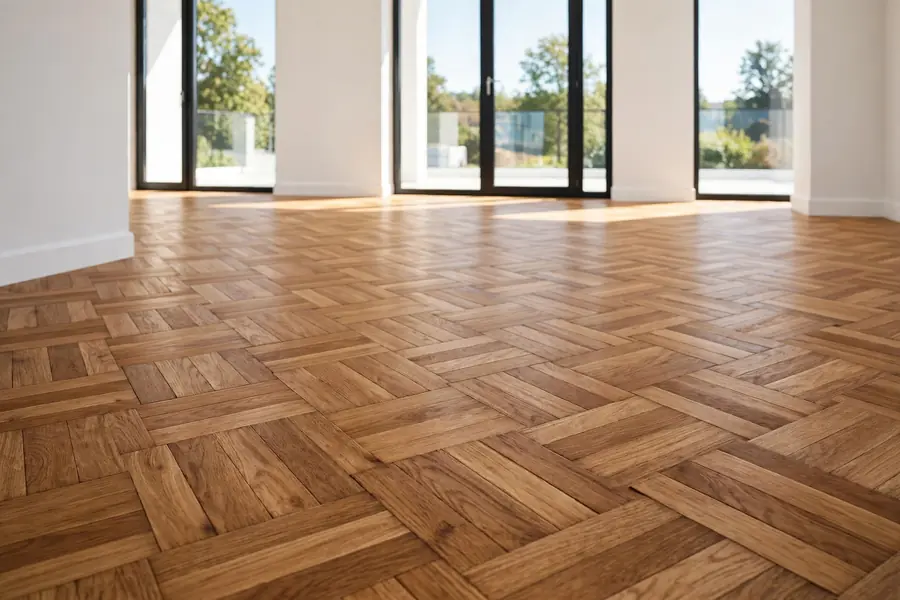 Solid parquet wood flooring in a bright room