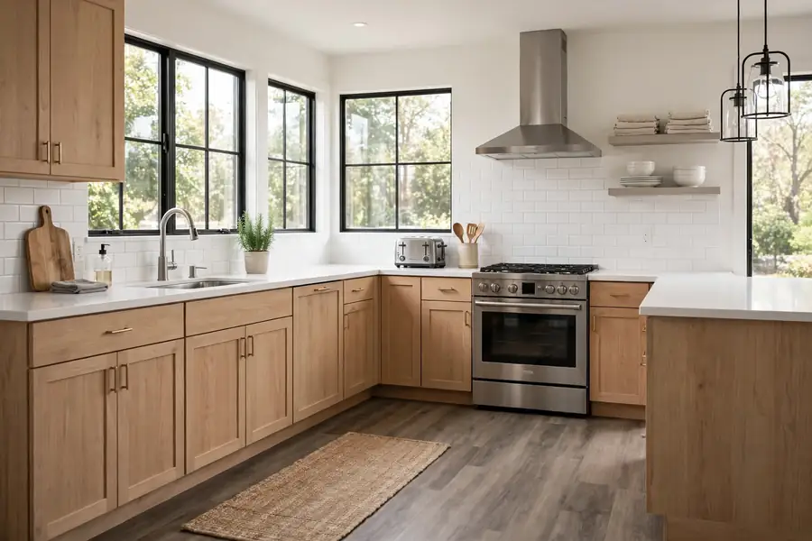 Bright kitchen with vinyl flooring