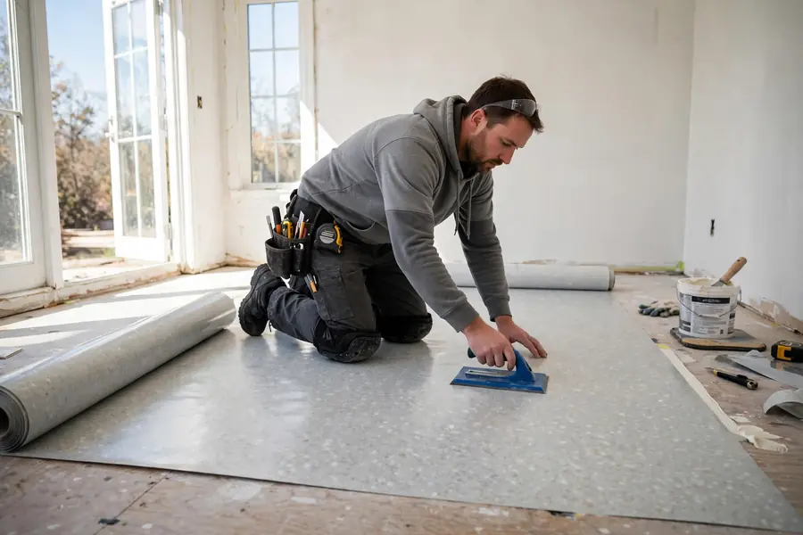 Worker installing sheet vinyl flooring in a room